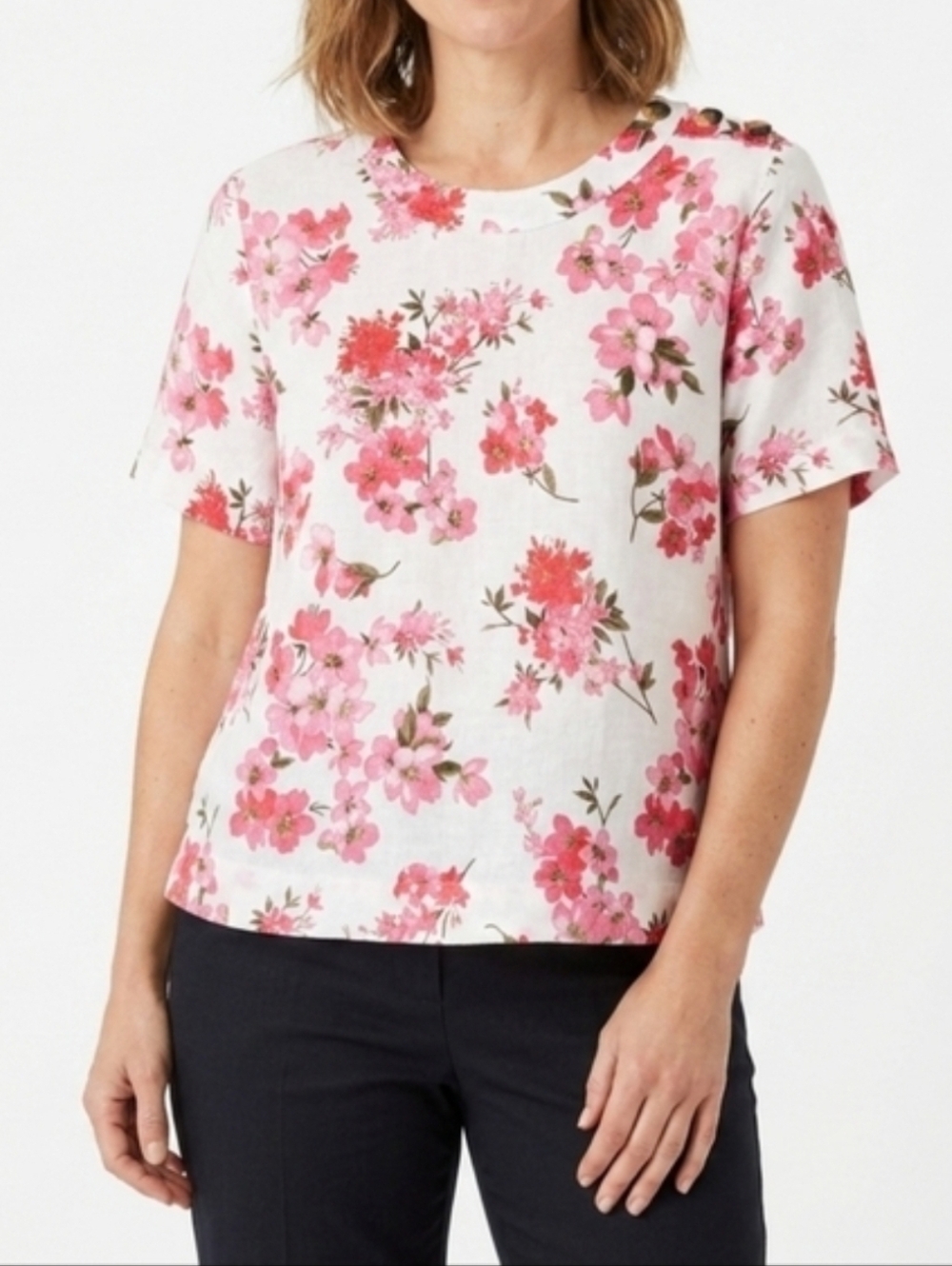 Linen blouse with floral print and button detail